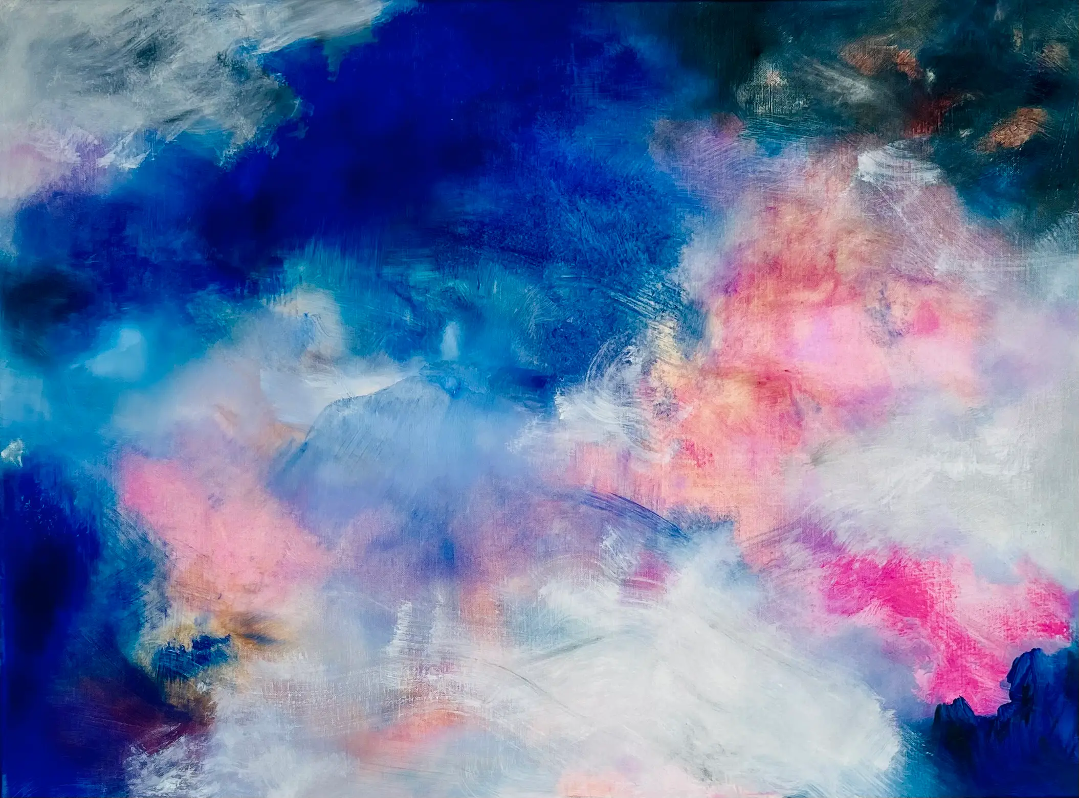 La balade du mont Vénus, peinture à l'huile et pastel sec sur toile de lin, encadrement en tilleul teinté sombre, tons violet, bleus, blanc, gris, rose
