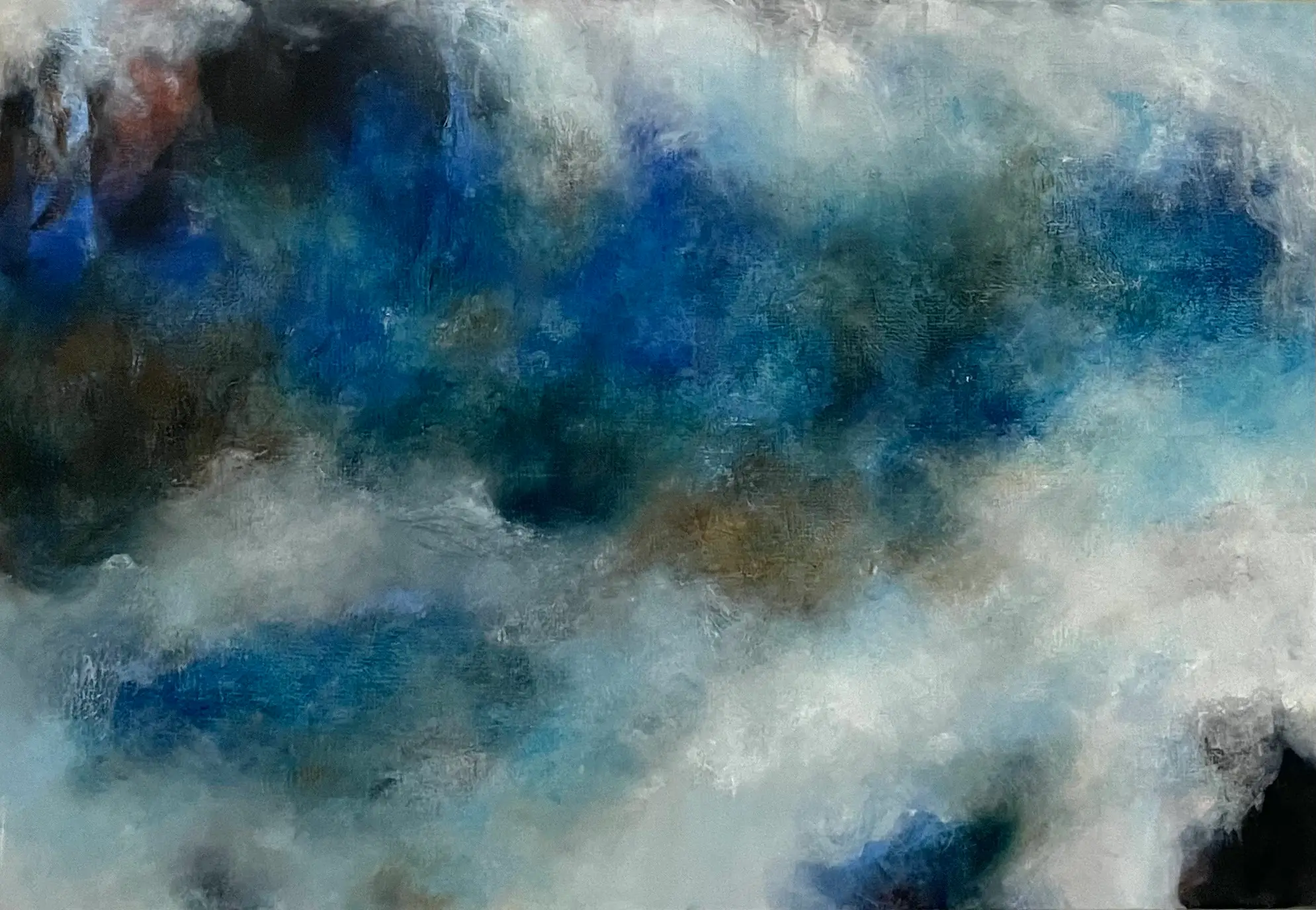 La peine de l'eau est infinie II, peinture à l'huile abstraite, tons bleus, terre, gris, blanc de l'artiste Mai Khanh Pham To. Format horizontal de 89 x 130 cm