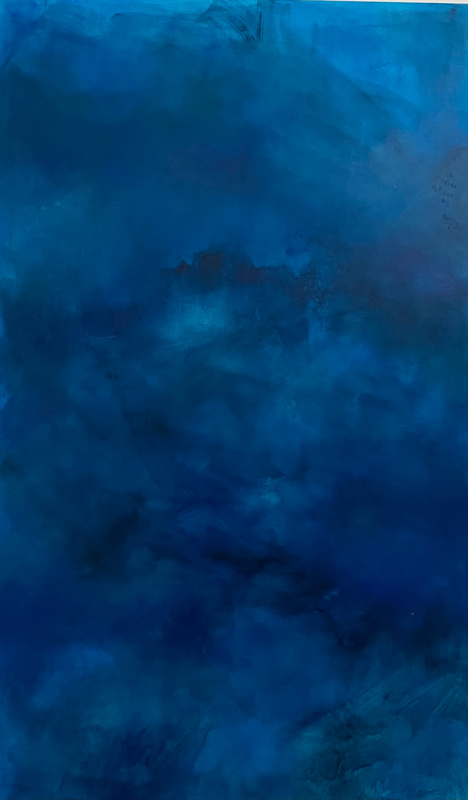 La peine de l'eau est infinie, peinture à l'huile abstraite en camaïeu de bleus de l'artiste Mai Khanh Pham To. Format vertical de 97 x 162 cm