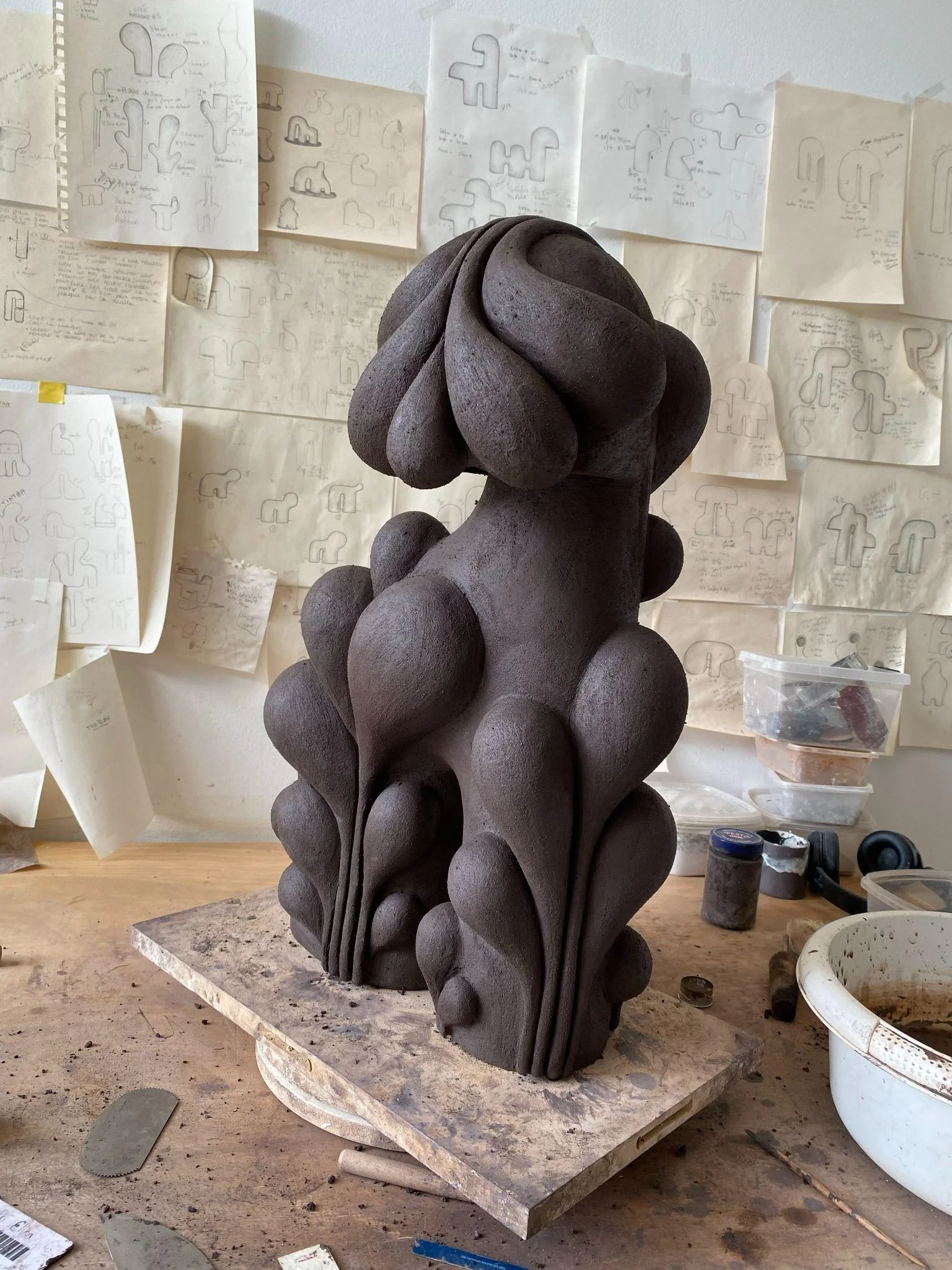 Lampe Nature Boy #3 d'Elisa Uberti en grès noir, sculpture en forme bouquet de feuilles aux volutes sculptées, photographiée à l'atelier parmi les croquis